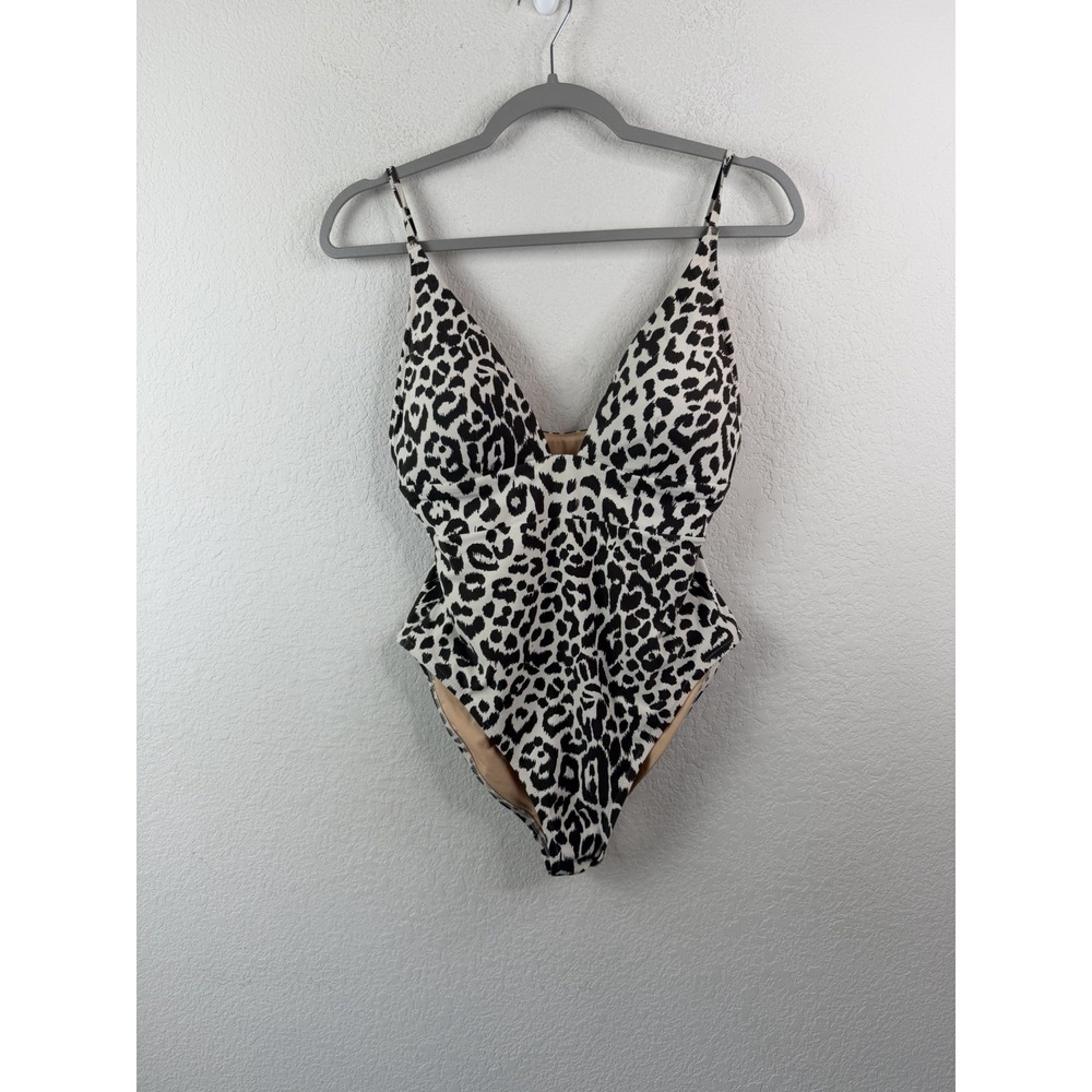 J.Crew Leopard Print One Piece Swimsuit Women's 10 Ruched Plunge Shelf Bra